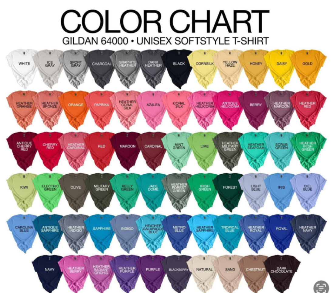 Color chart for Gildan 64000 Unisex Softstyle T-Shirts showing various colors.