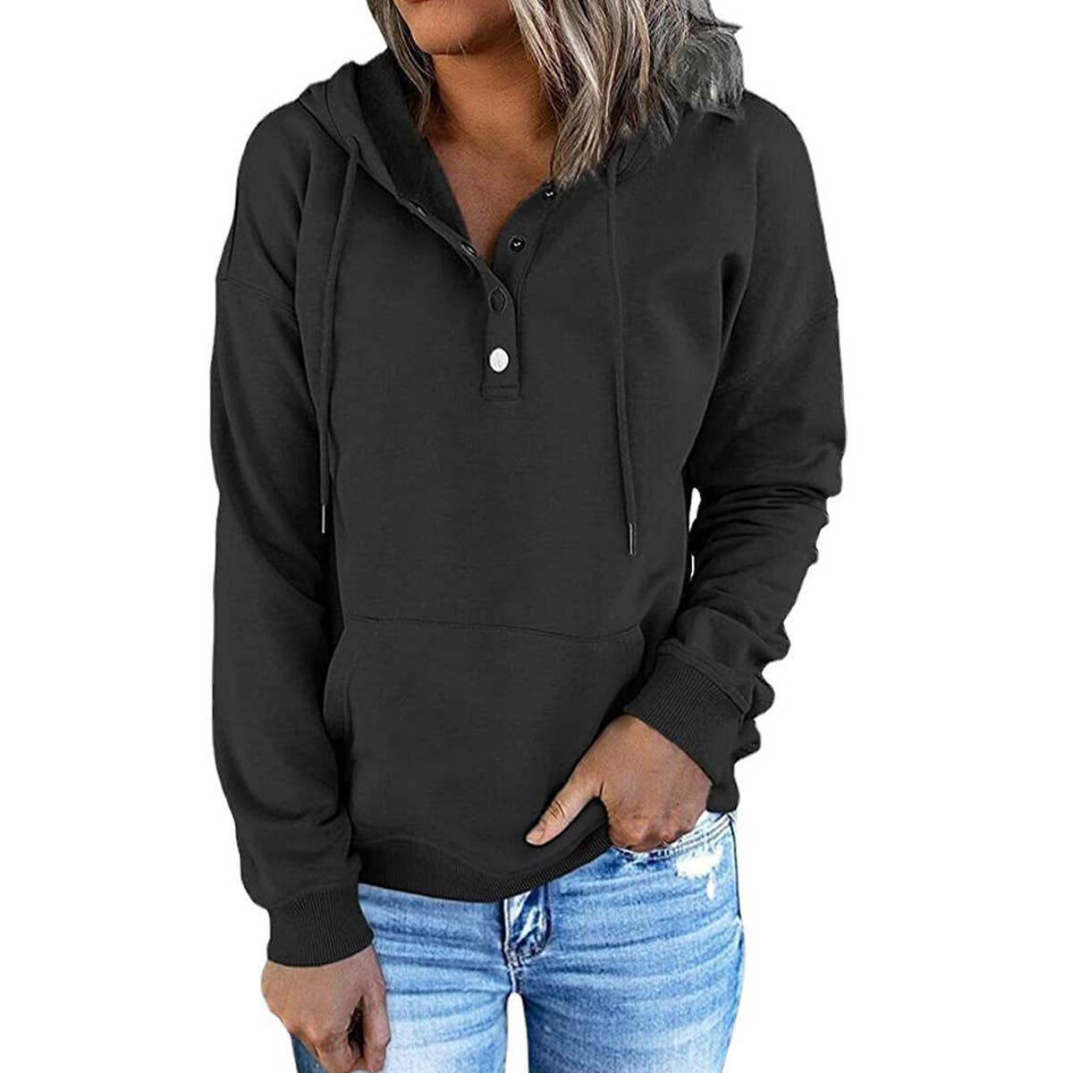 LONG-SLEEVE LOOSE HOODED DRAWSTRING POCKET HOODIE