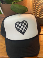 Checkered Heart Trucker Hat – Black & White 🖤🤍