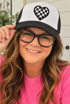 Checkered Heart Trucker Hat – Black & White 🖤🤍