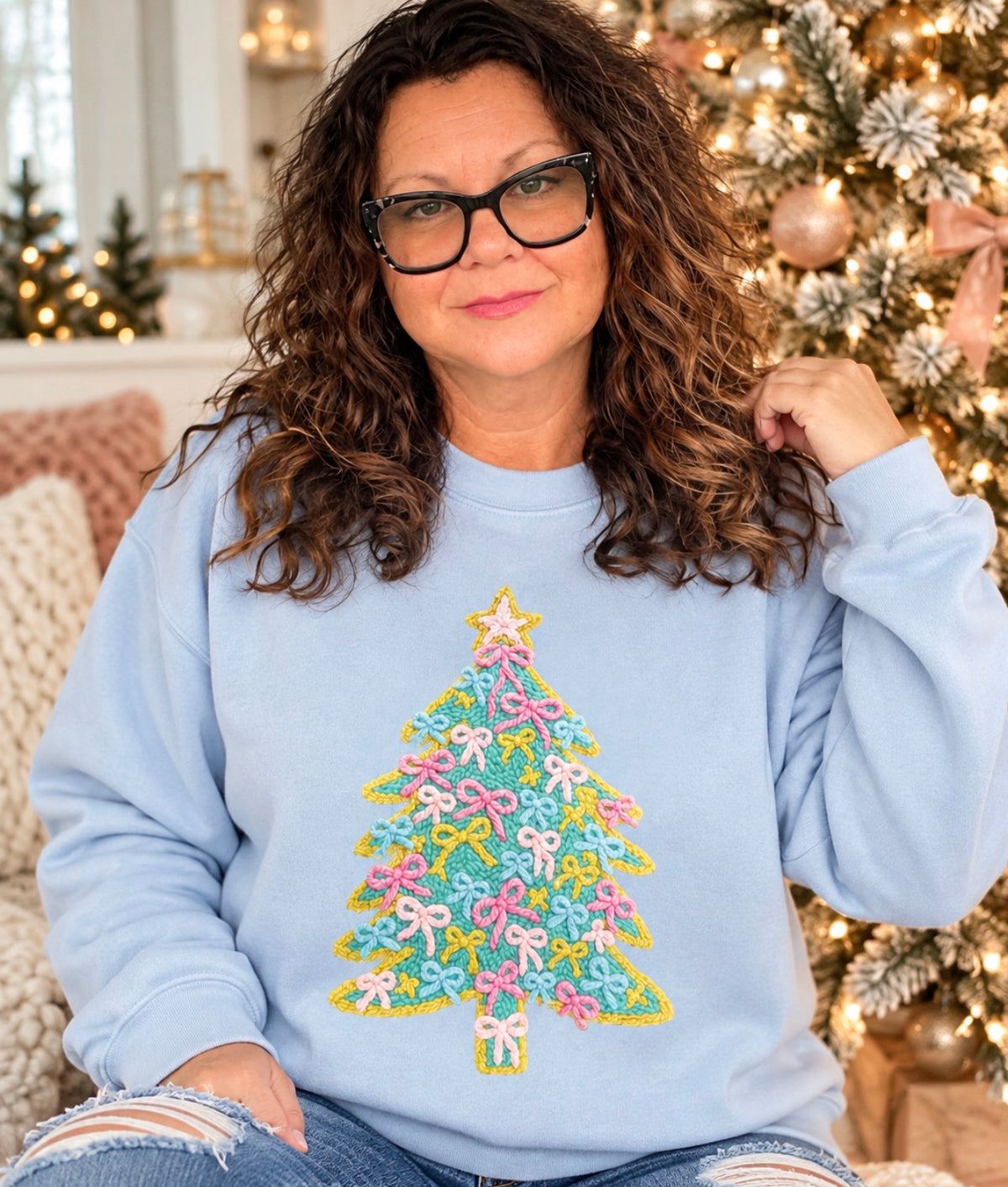 Pastel Christmas Tree Crewneck Sweatshirt – Ready to Ship 🎄🩷