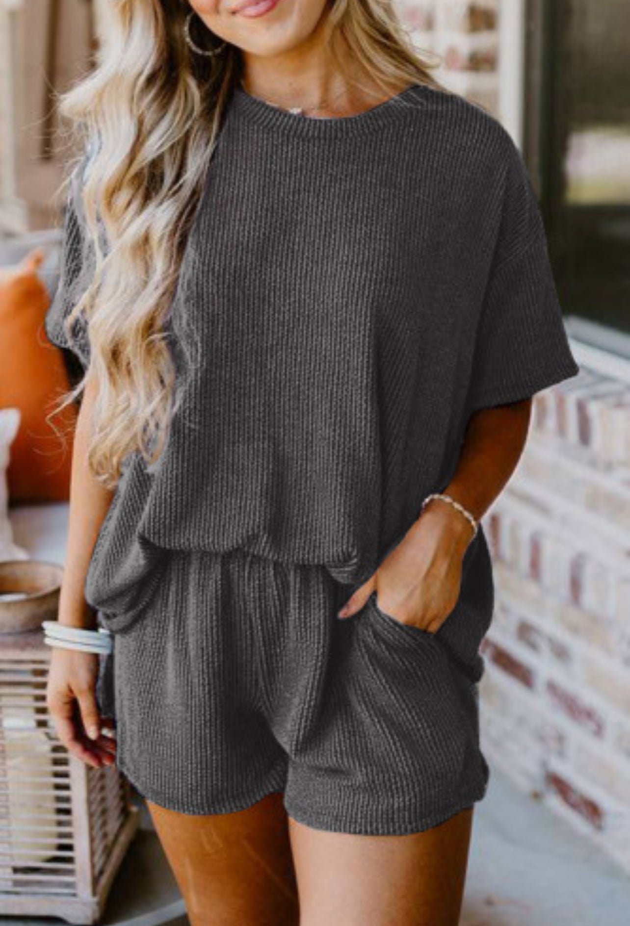 Ribbed Textured Knit Loose Fit Tee & Short set