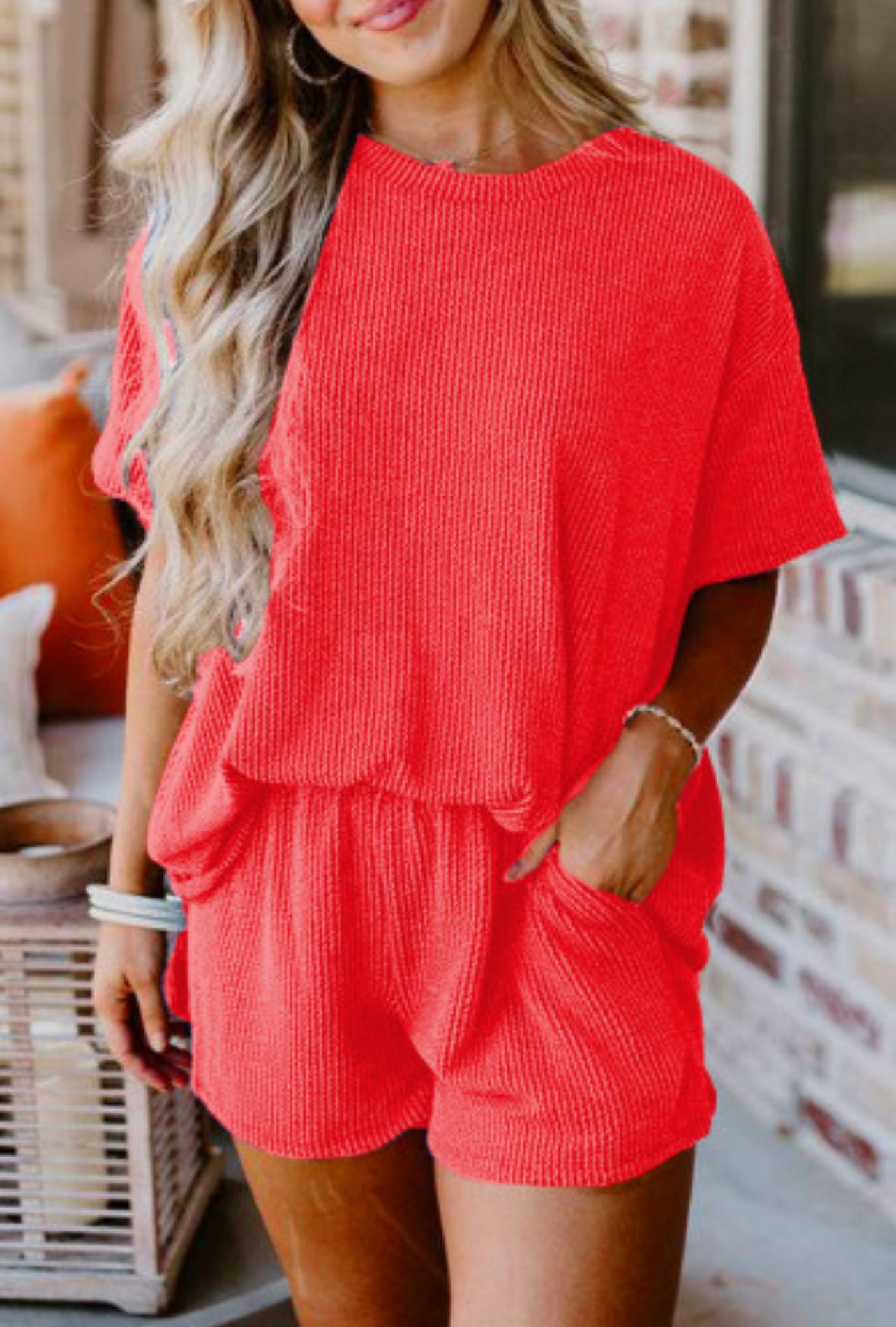 Ribbed Textured Knit Loose Fit Tee & Short set