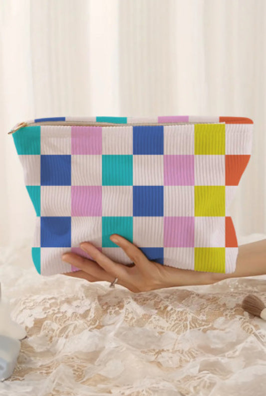 Color Block Checkered Zipper Cosmetic Bag