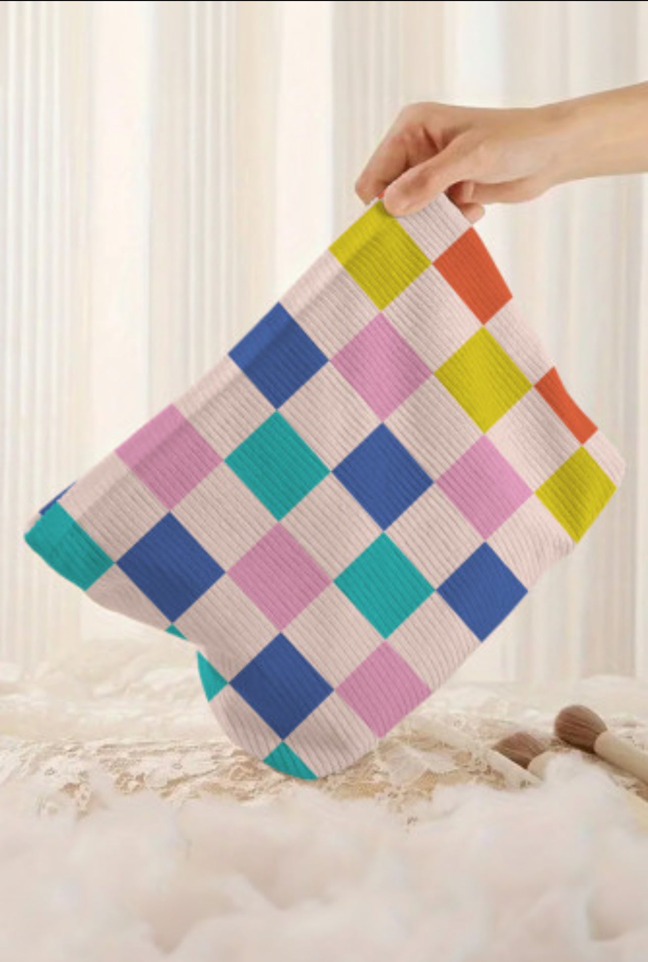 Color Block Checkered Zipper Cosmetic Bag