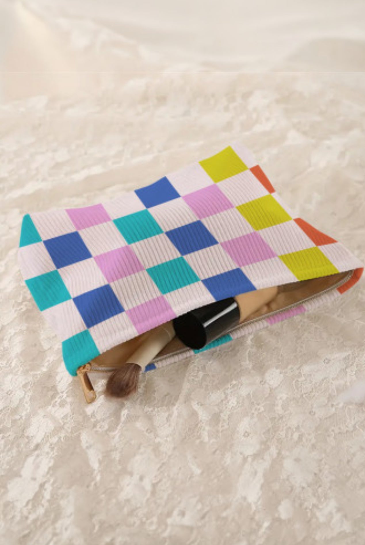 Color Block Checkered Zipper Cosmetic Bag