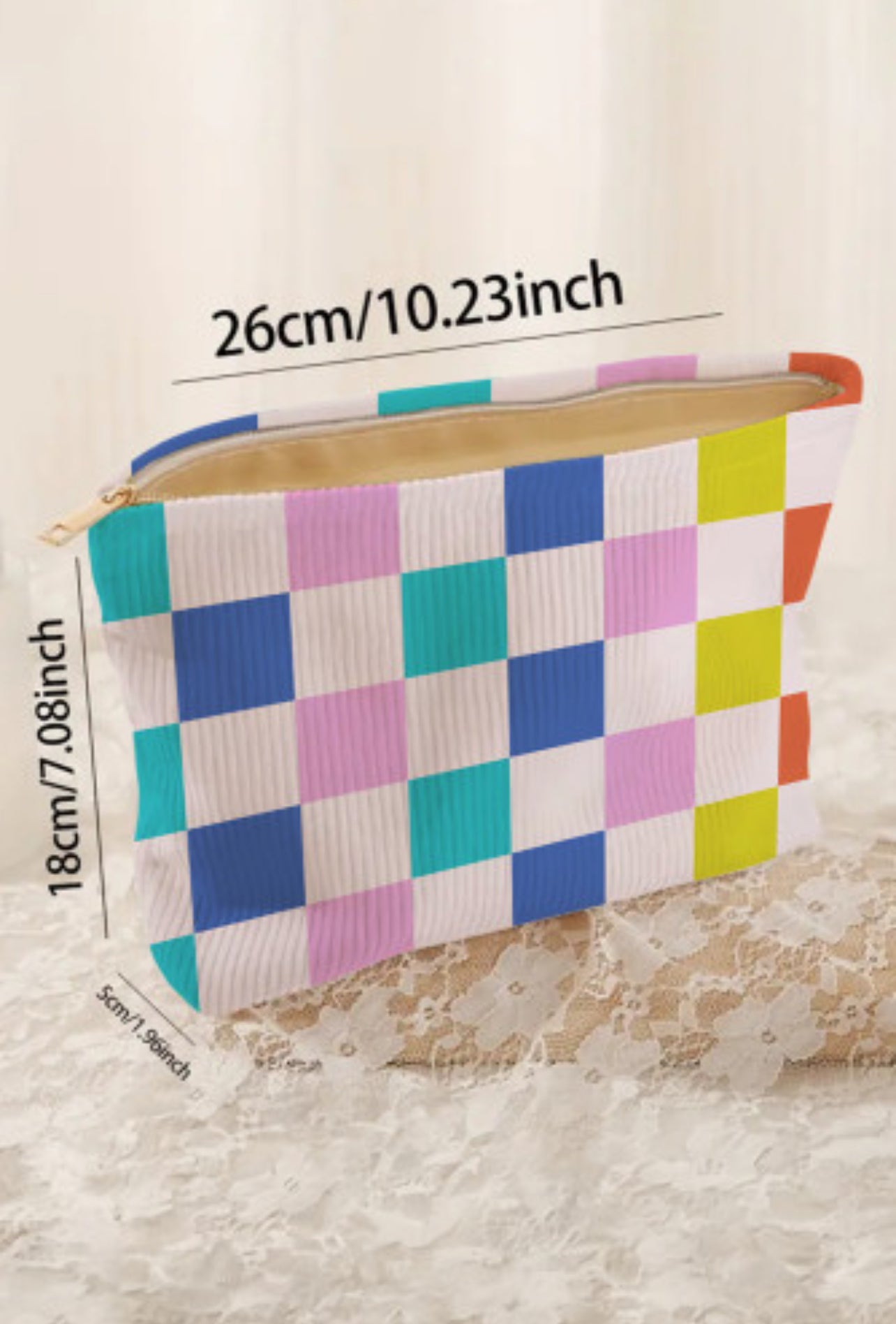 Color Block Checkered Zipper Cosmetic Bag