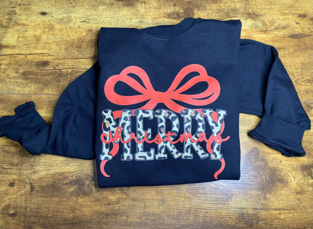 Merry Christmas Leopard Print Bow Crewneck Sweatshirt – Ready to Ship 🎄❤️